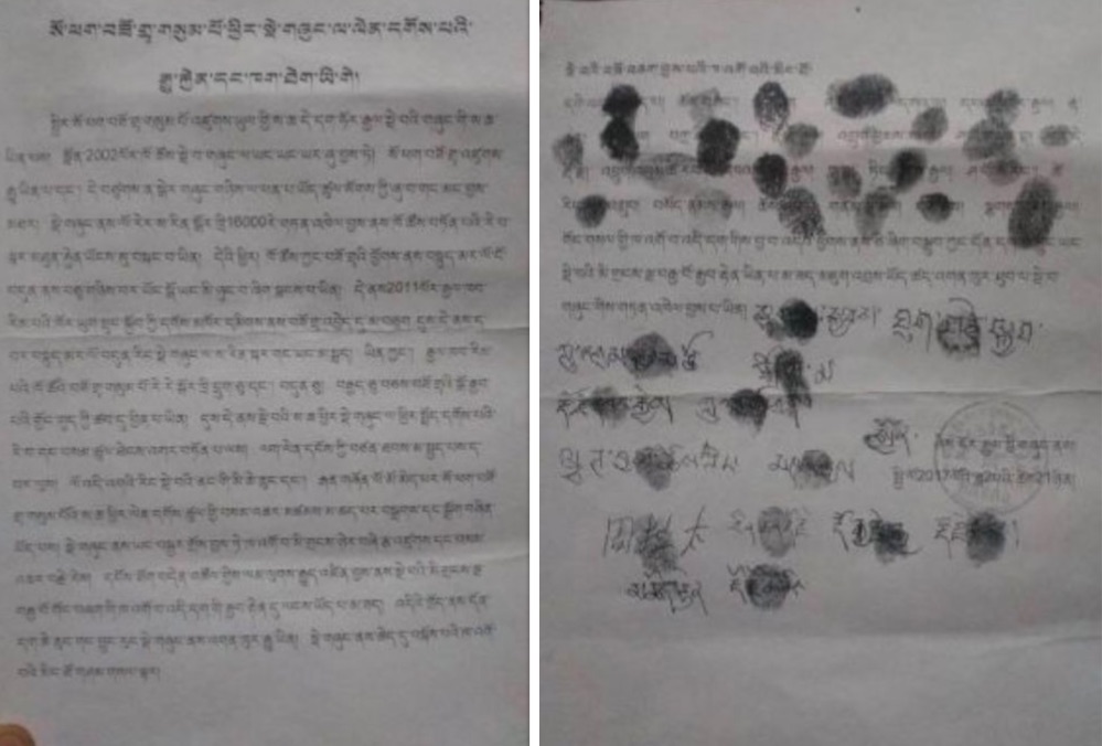 Thumb imprints of local Tibetans on the petition. Photo- TCHRD
