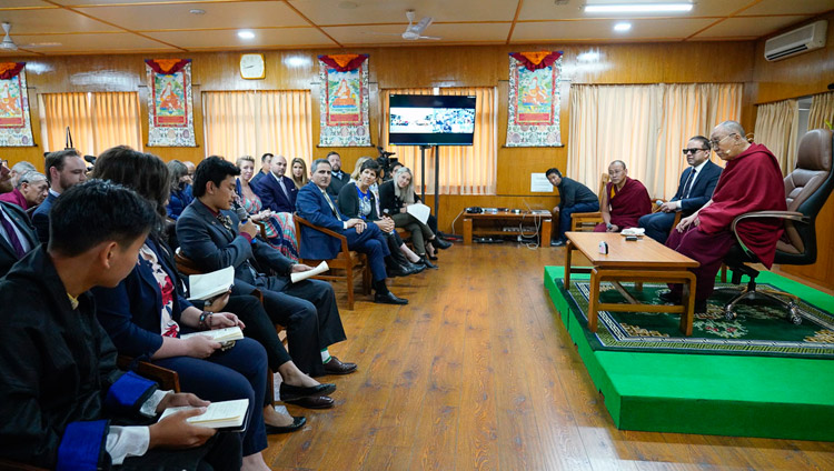 A student from Washington State asking His Holiness the Dalai Lama a question during their program in Dharamsala, HP, India on November 11, 2019. Photo by Ven Tenzin Jamphel