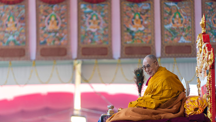 His Holiness the Dalai Lama on the final day of his teachings at the Kalachakra ground in Bodhgaya, Bihar on Jan 6 (OHHDL)
