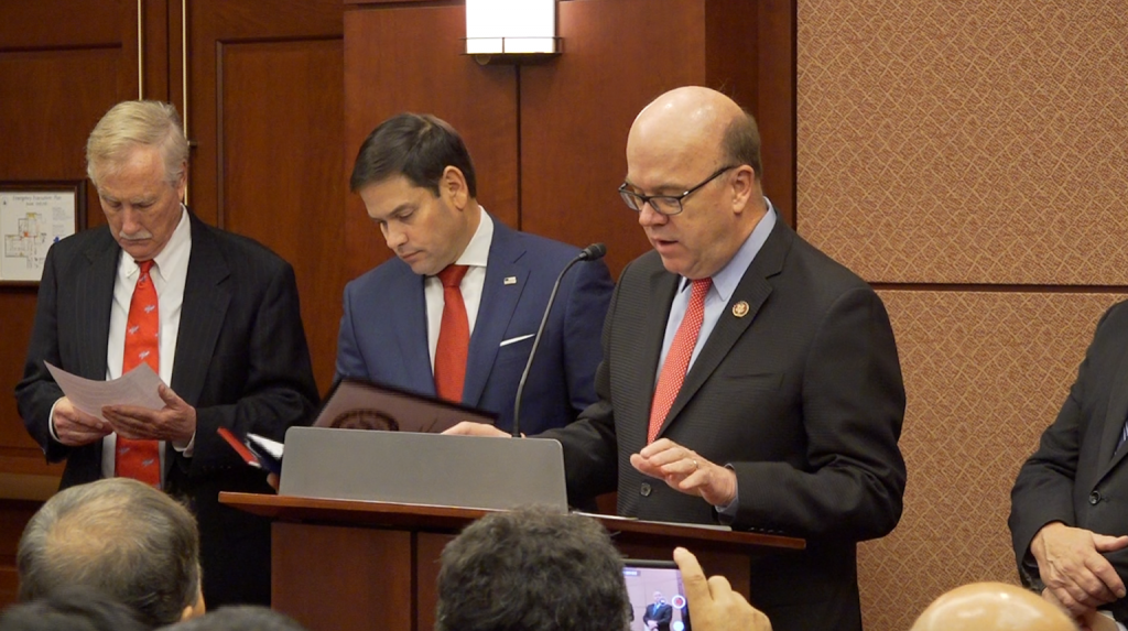 Sen. Angus King, Sen. Marco Rubio and Rep. James McGovern share the CECC's 2019 report at a press conference on Jan 8 (ICT)